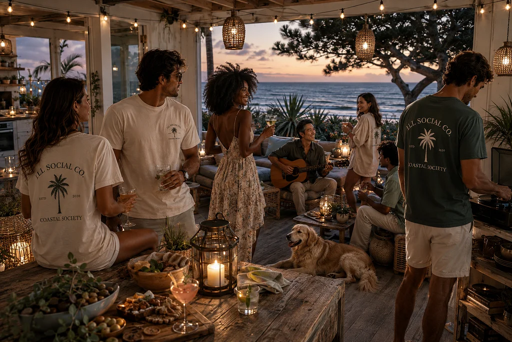 Friends gathering at a coastal home at sunset, wearing LL Social Co. apparel with drinks, food, string lights, ocean views, and a golden retriever.