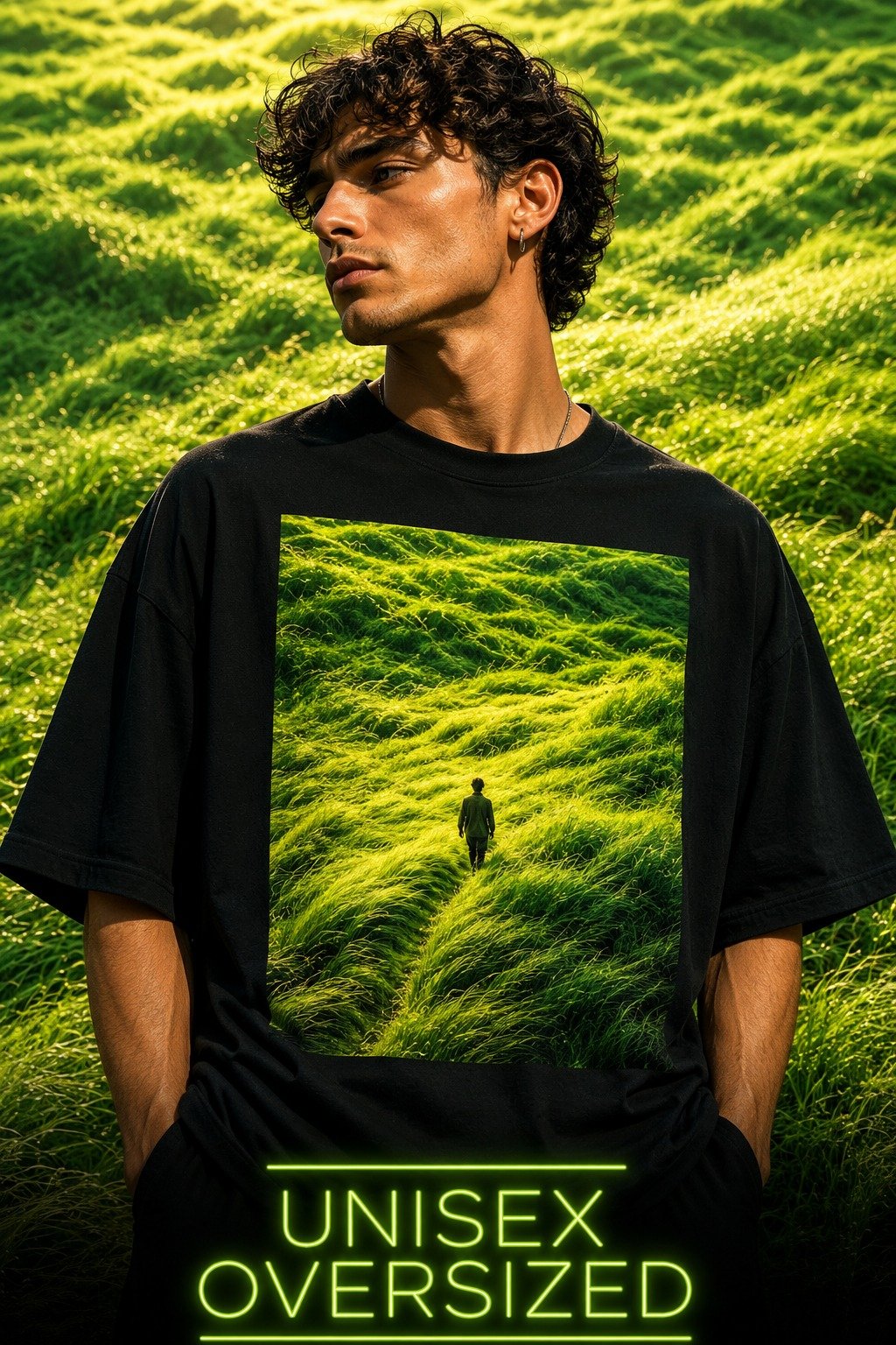 Emerald Green Grass Landscape T-Shirt | Surreal Nature Unisex Oversized Graphic Tee product image (1)