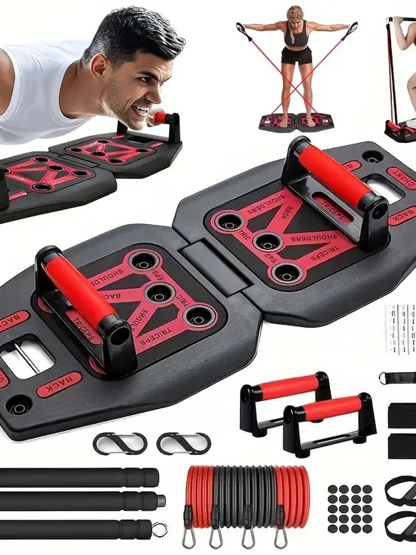 Home Gym Exercise Equipment - Portable Workout System 17 Fitness Accessories 9 In1 Push Up Board Set, Resistance Bands with Pilates Bar Strength Training Abs Shoulders Back Butt product image (1)