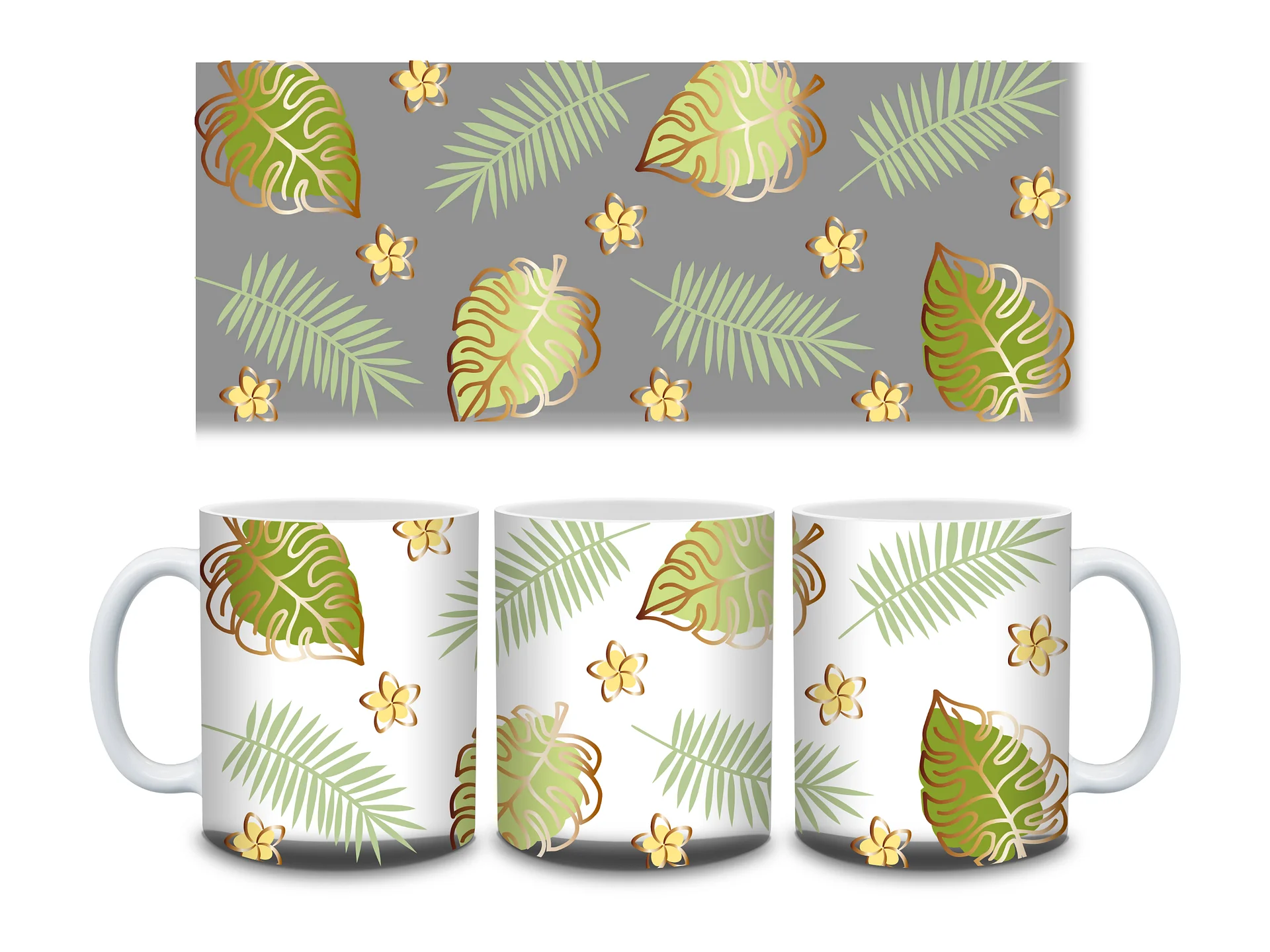 (Gold Border) Tropical Leaves and Flowers 11oz Coffee Mug – Nature-Inspired Ceramic Cup with Monstera and Floral Design – Perfect Gift for Plant Lovers product image (3)