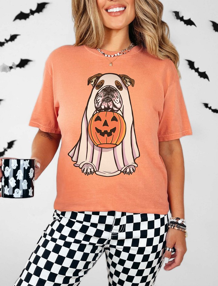 Funny Halloween English Bulldog(Brindle) T-Shirt | Funny English Bulldog Wearing a Ghost Costume and Holding a Pumpkin Basket product image (2)