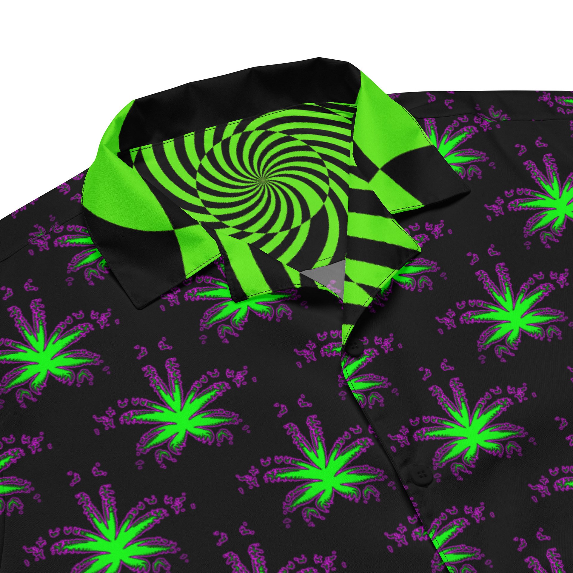 Retro Raver Stoner Button Shirt, Psychedelic Spiral Cannabis Clothes, Trippy Pot Leaf Art 420 Top, Black Neon Green Weird Weed EDM Rave Wear product image (2)
