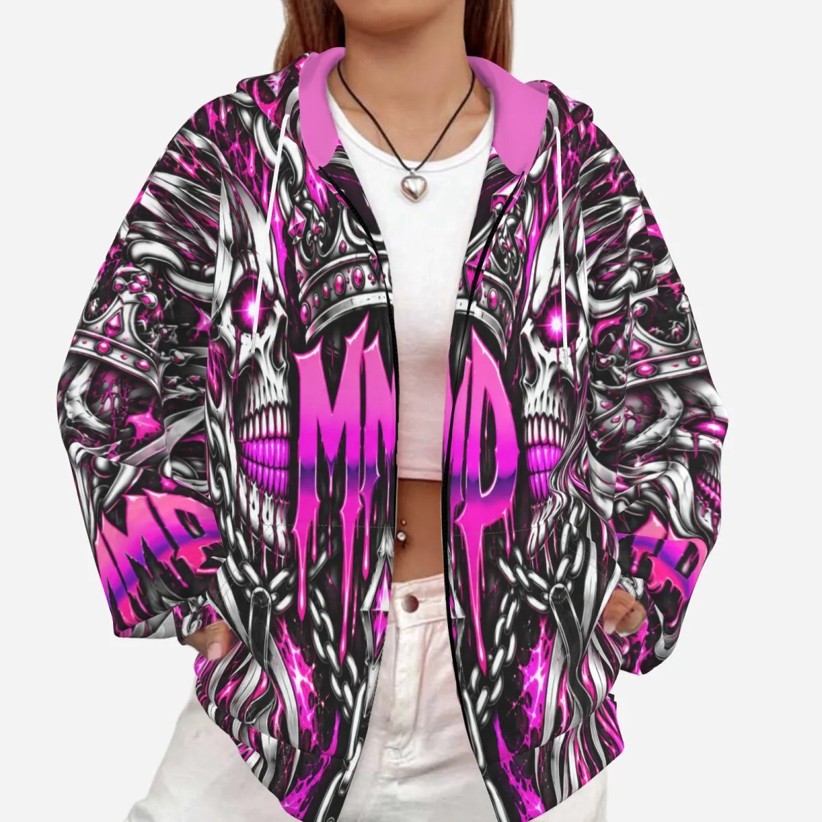 MMD Crown & Chains Women’s Zip Hoodie – Pink & Black product image (1)