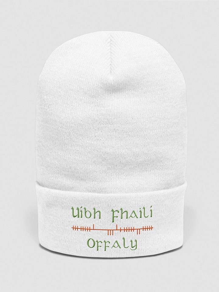 Offaly/Uíbh Fhailí Orthodox styleOgham, white with green and orange, embroidered Cuffed Beanie product image (1)