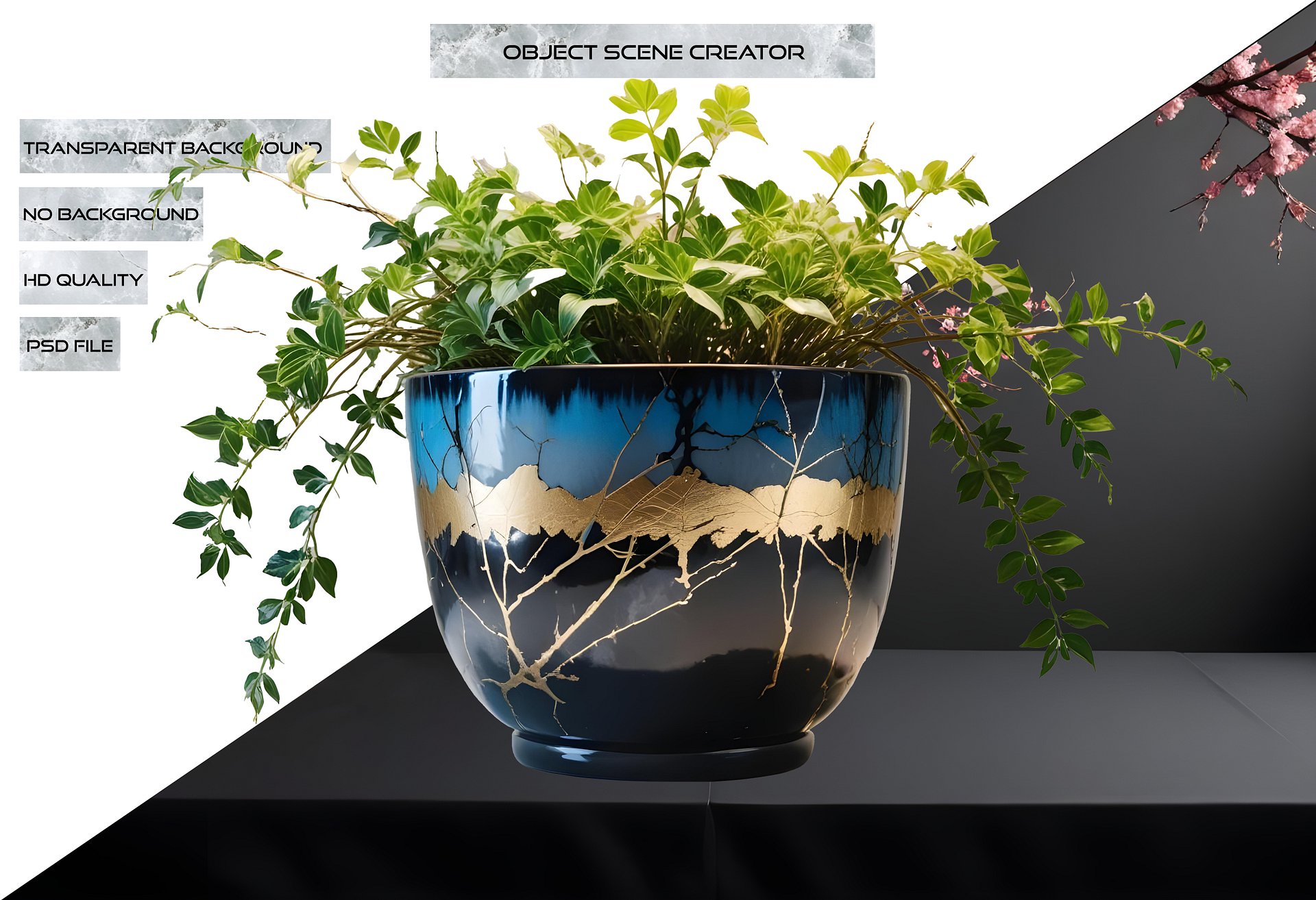 Kintsugi Harmony – Blue Ceramic Bowl PNG product image (2)