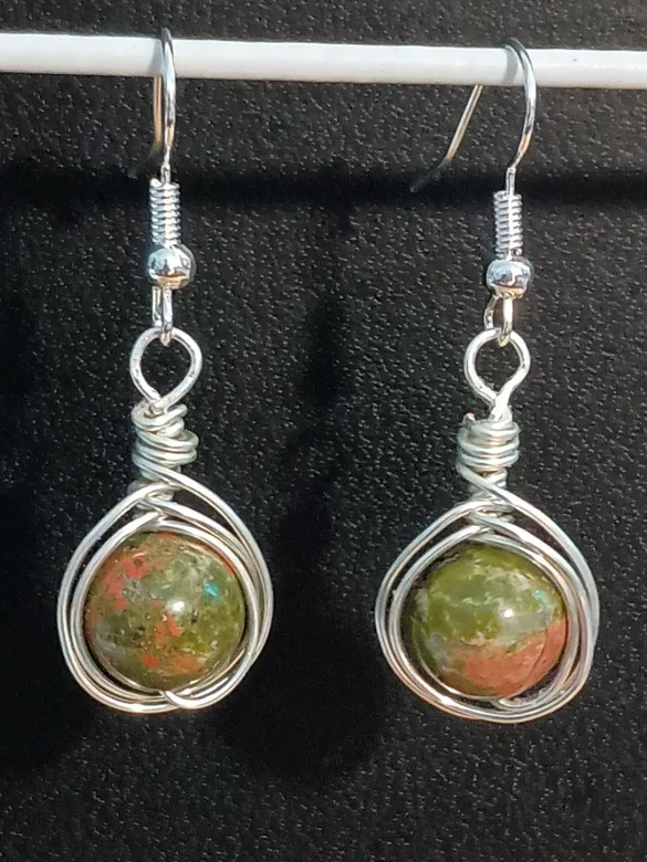 Hand-Woven Unakite Earrings | One-of-a-Kind, Silver-Tone | "Harmony Drops" product image (2)
