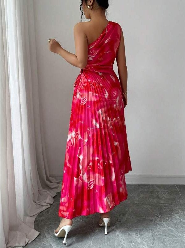 ADLEST Women's 2025 Summer Elegant Asymmetric Shoulder Pleated Waist Cutout Floral Print Dress product image (2)