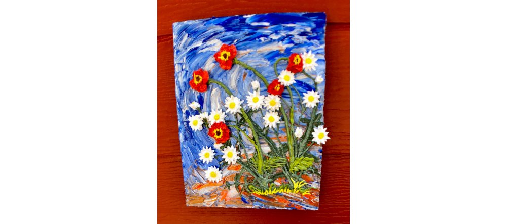 12 x 16" birch wood panel acrylic painting of sculptural daisies and poppies product image (2)