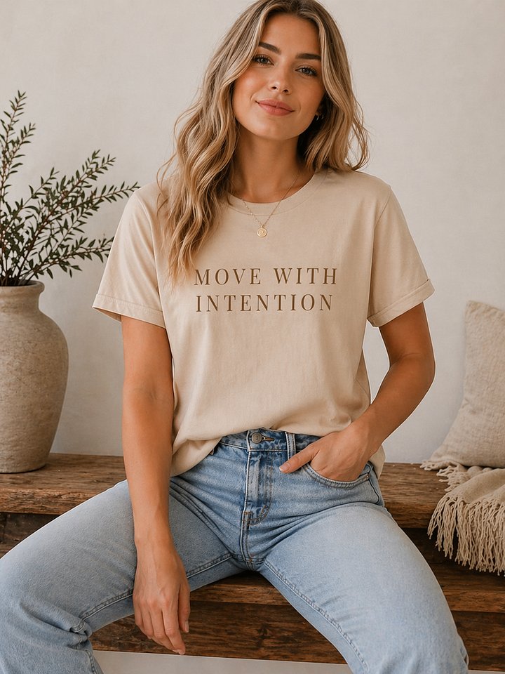 Move With Intention T-Shirt – Minimalist Statement Tee | Neutral Aesthetic Cotton Shirt product image (1)