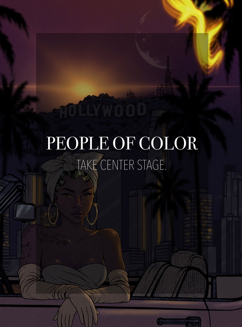     Illustration by Lehbie Rae featuring a Black woman in a convertible at night beneath the Hollywood sign, with palm trees and the words “People of Color Take Center Stage.”