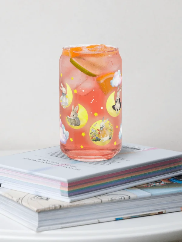 Bunny on the Moon Glass Sipper Can with Bamboo Lid & Straw – 16 oz | Whimsical Rabbit-Themed Can Glass | Cute Moon & Stars Design | Perfect for Iced Coffee, Smoothies, and More product image (6)