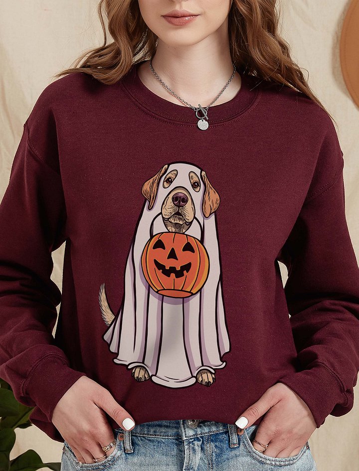 Funny Halloween Labrador Retriever Sweatshirt | Funny Labrador Wearing a Ghost Costume and Holding a Pumpkin Basket product image (2)