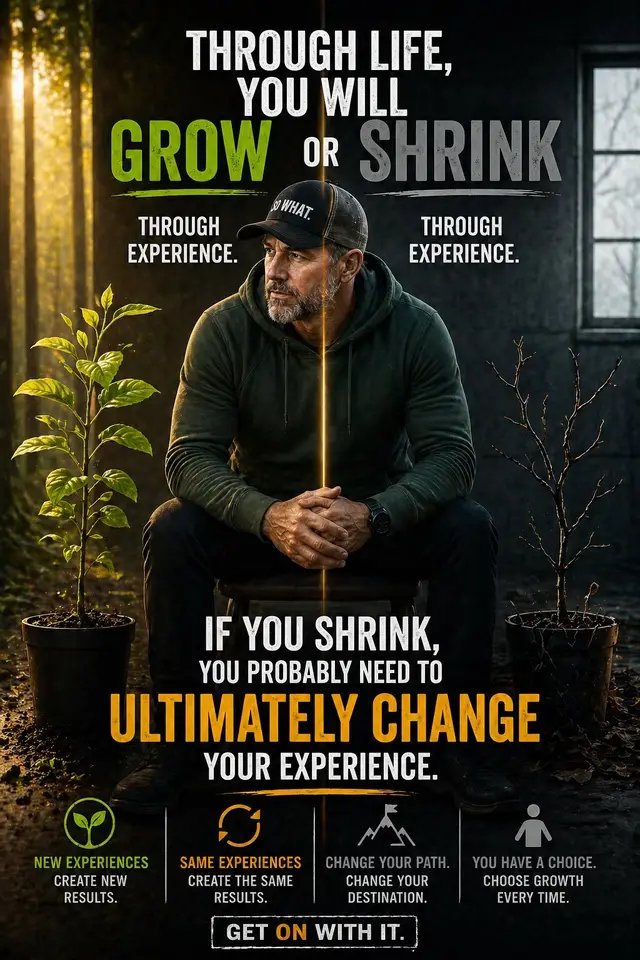 Through life… You’re always changing. Not by chance— But by experience. Everything you go through… Shapes you. Builds you… Or breaks you down. You either grow… Or you shrink. There is no middle ground. And most people don’t realise this— If nothing changes… Neither do they. Same environment. Same habits. Same people. Same results. So if you feel stuck… If you feel smaller… If you feel like you’re not moving forward… It’s not bad luck. It’s your environment. Your experiences. Because growth doesn’t happen where you’re comfortable. It happens where you’re challenged. Where you’re pushed. Where you’re forced to become more. So change it. Change what you’re around. Change what you’re doing. Change what you’re accepting. Because if you don’t… Nothing else will. Grow… Or shrink. The choice is yours. Get on with it.