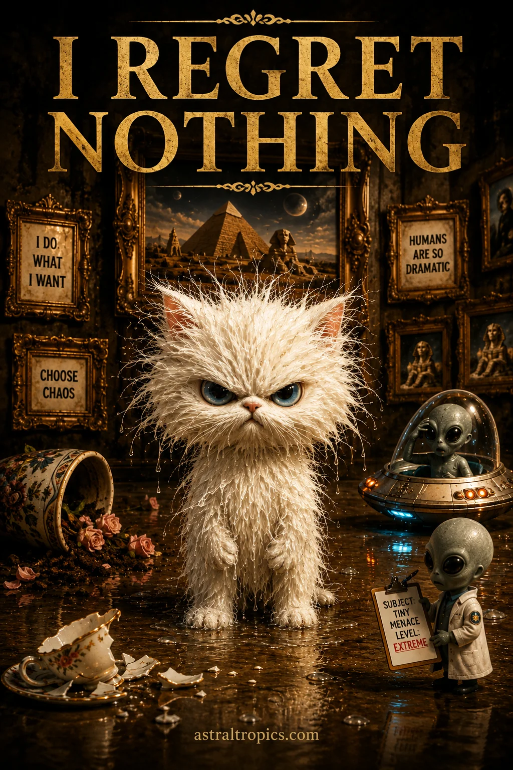 I Regret Nothing Funny Cat Poster | Chaotic Alien Humor | Quirky Surreal Wall Art Gift product image (1)