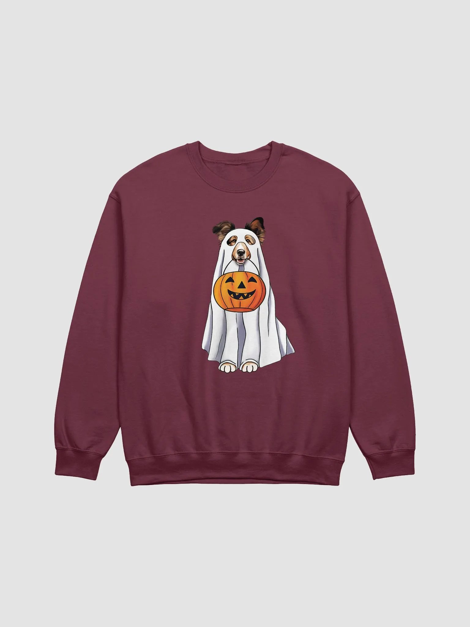 Shetland Sheepdog Halloween Sweatshirt | Funny Halloween Sheltie/Rough Collie Wearing Ghost Costume w/ Pumpkin Basket product image (1)