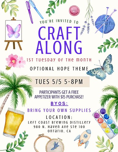 May's monthly Craft Along is coming up quick! Tuesday 5/5, we'll be at Left Coast Ontario @leftcoastbrewing_ontario with our ...