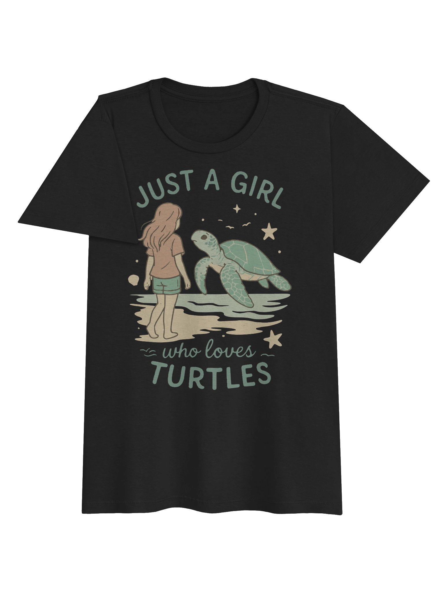 Girl and Sea Turtle Illustration – Cute Ocean Animal Lover Vintage Pastel Beach Design product image (11)