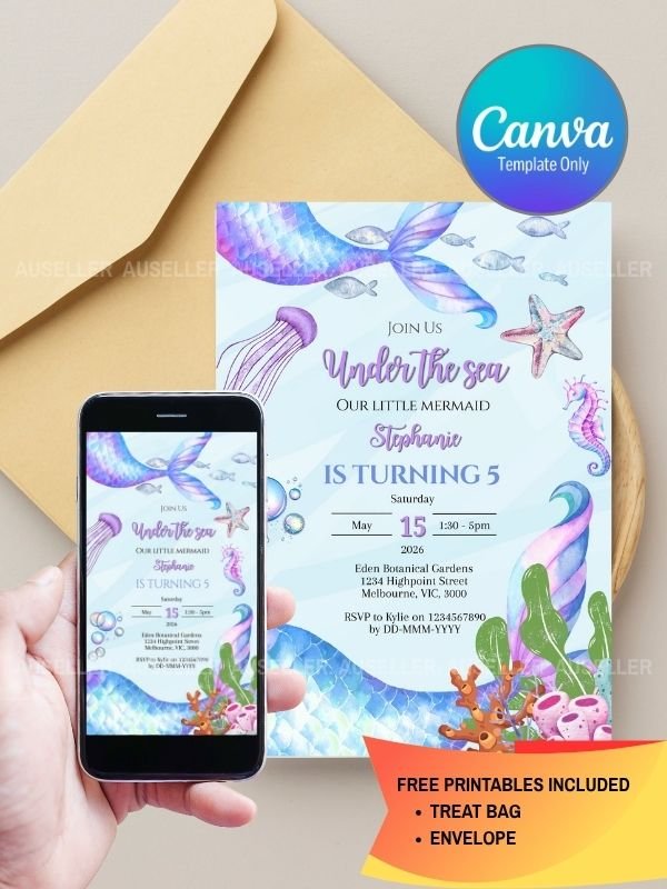 Under The Sea Mermaid Birthday Invitation and Printable Treat Bag and Envelope product image (1)