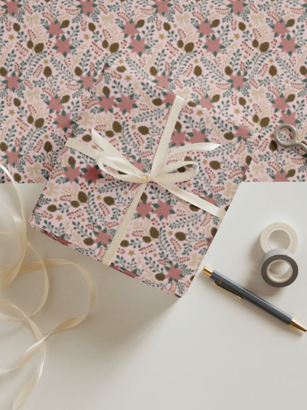 Enchanted forest blooms Christmas wrapping paper. Set of 3 sheets in green, soft pink, and white product image (1)