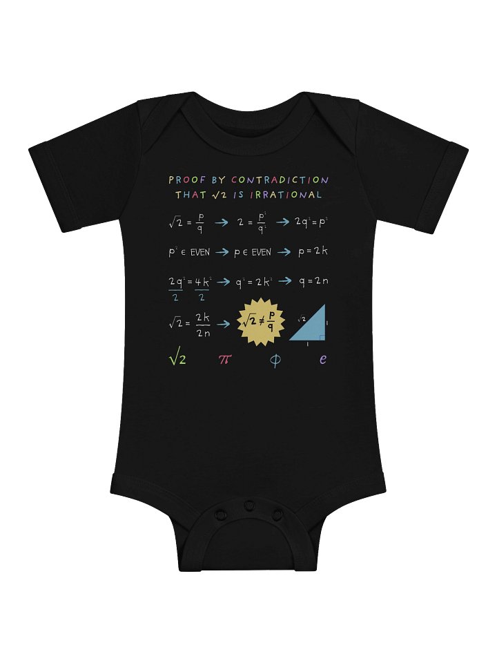 Proof by Contradiction: Square Root of 2 is Irrational - Math Baby Onesie in Black product image (1)
