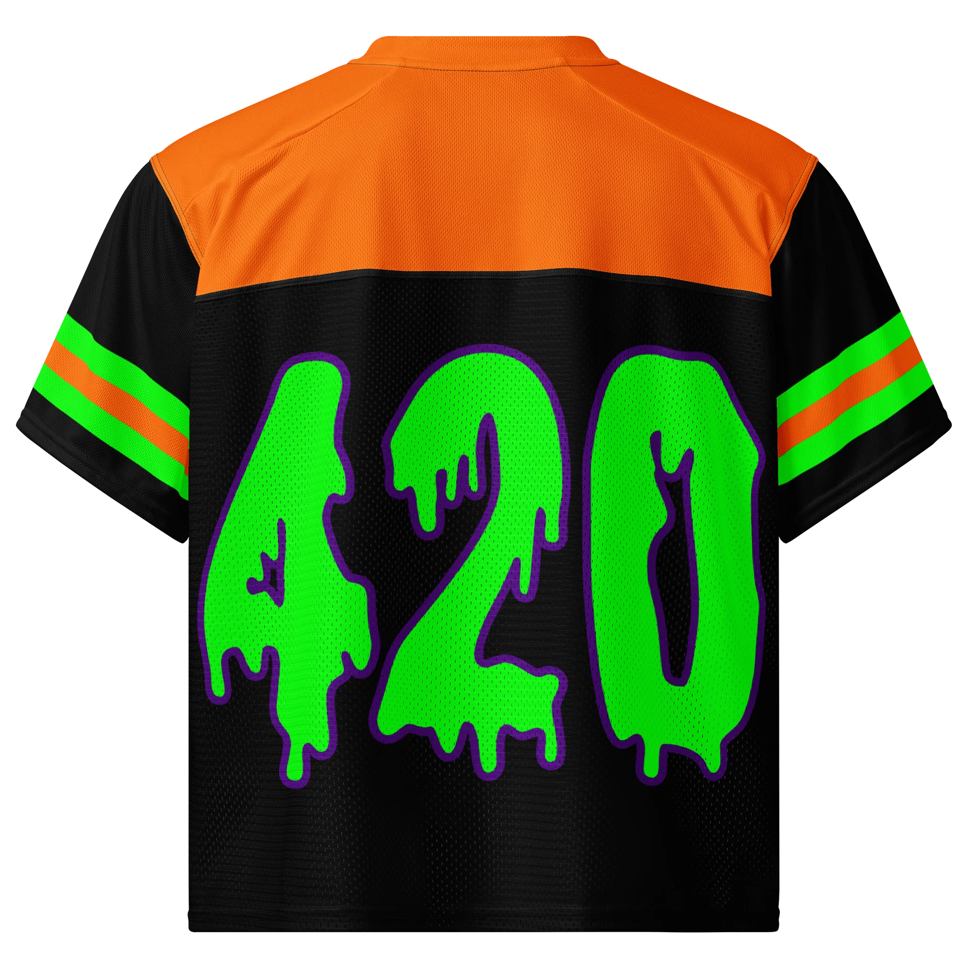 Halloween 420 Boxy Football Jersey, Rave Cannabis Shirt, EDM Stoner Clothes, Weed Fall Festival Fashion, Black Orange Neon Green Raver Top product image (1)