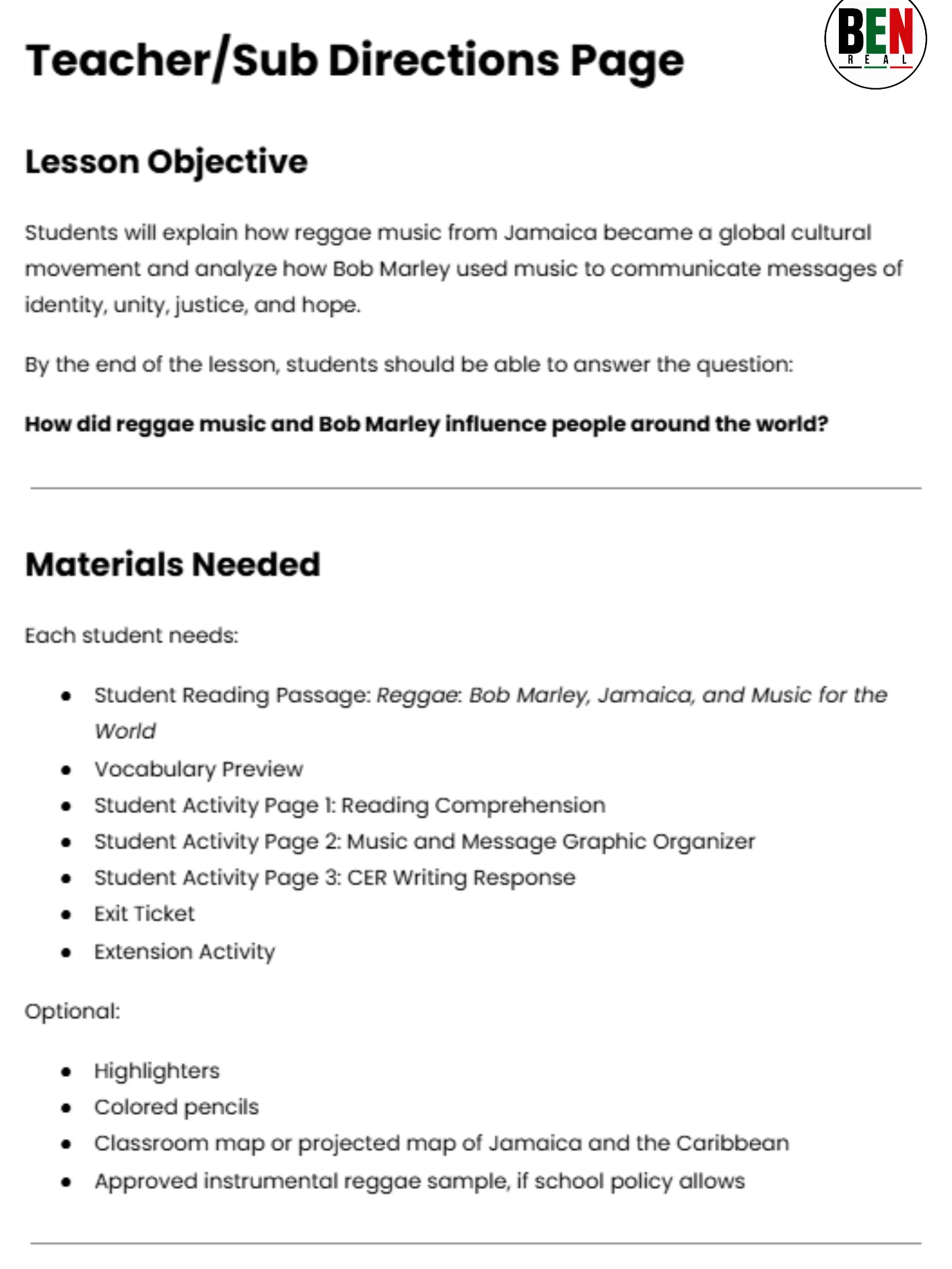 Black History 365 Sub Plan: Raggae: Bob Marley, Jamaica, and Music for the World| Middle School Music| 60-Minute Lesson product image (4)