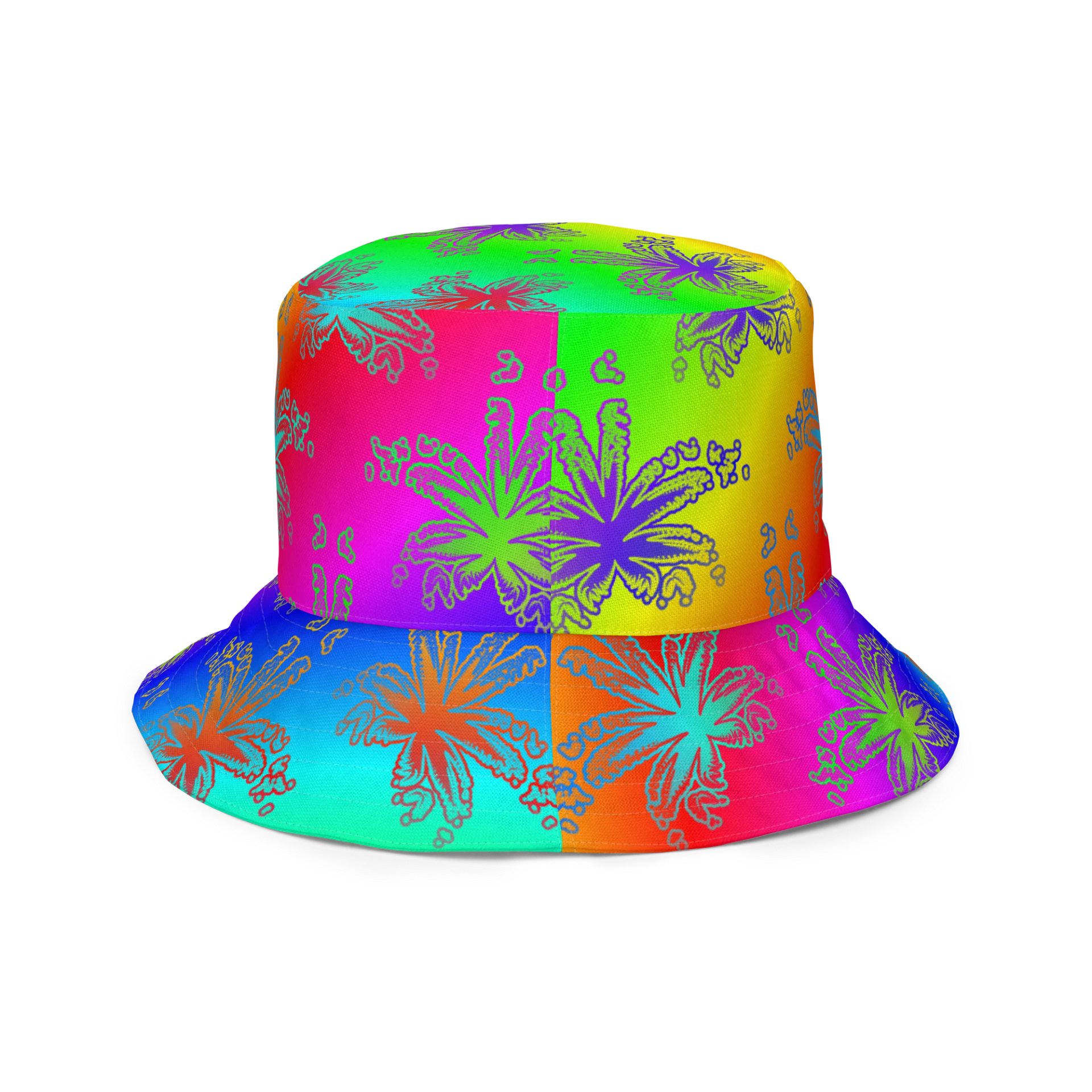 Rad Rainbow Reefer Reversible Bucket Hat, Happy Pride Pot Leaf Pattern Fashion Accessory, Colorful Queer Twisted Weed Leaves LGBTQIA+ Art product image (8)
