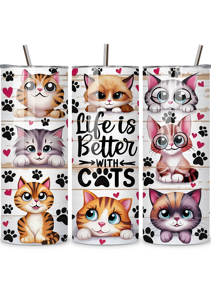 Life is Better with Cats 20oz Skinny Tumbler with Metal Straw – Cute Cat Design – Double-Walled Insulated Stainless Steel Tumbler for Hot & Cold Drinks, Gift for Cat Lovers product image (1)