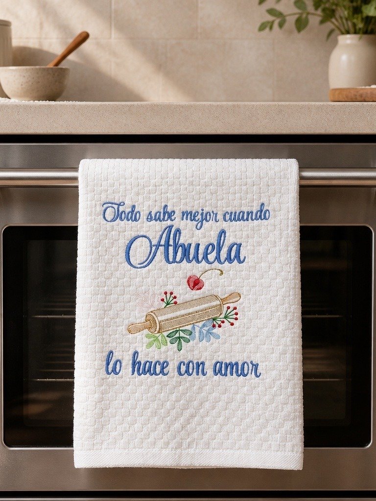 Embroidered Kitchen Towel: La Cocina de Abuela, Rolling Pin Design product image (1)