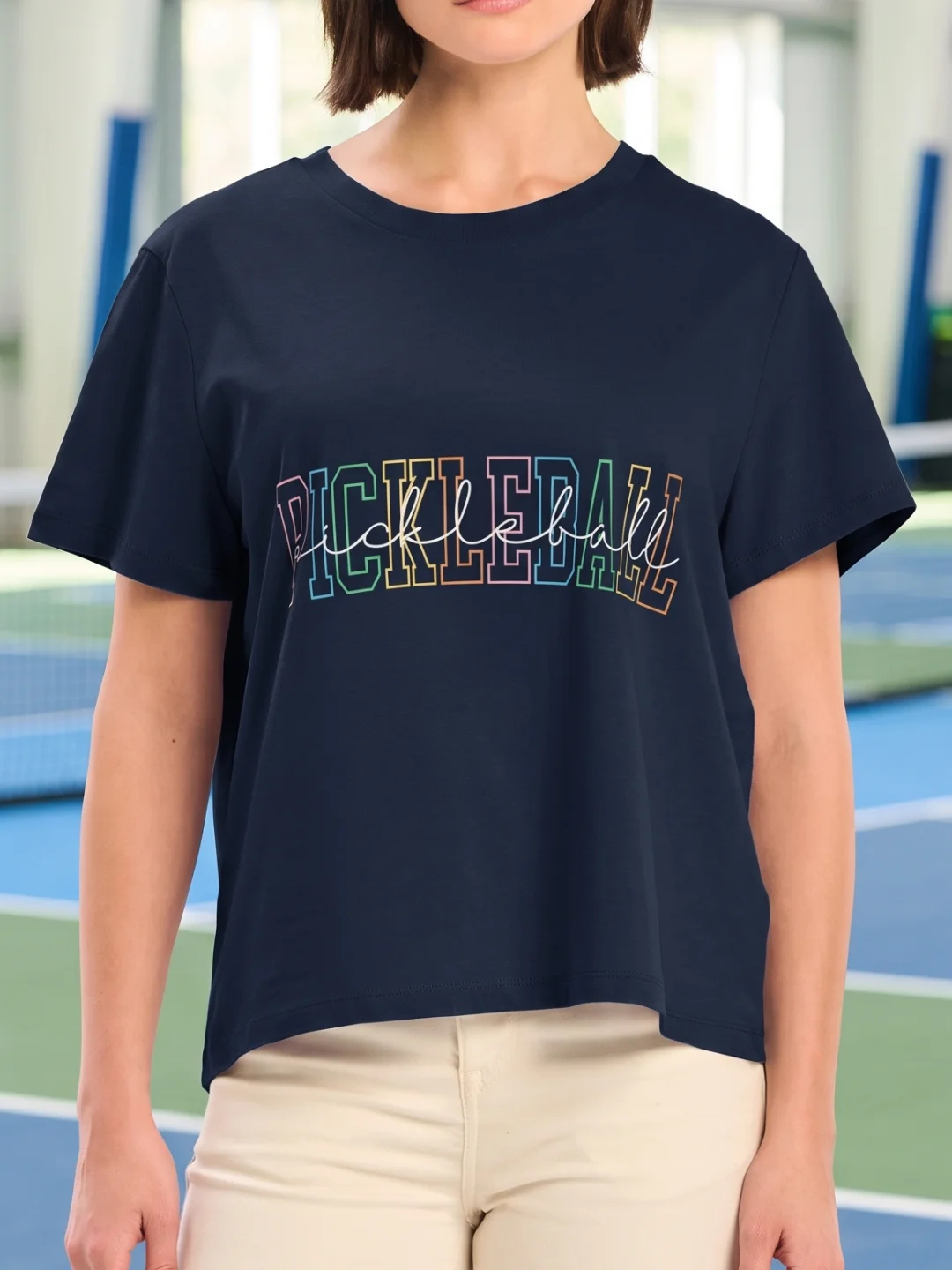 Colorful Pickleball T-Shirt for Women | Organic Cotton Tee, Retro Rainbow Design – Stanley/Stella Ribbed Neck product image (1)