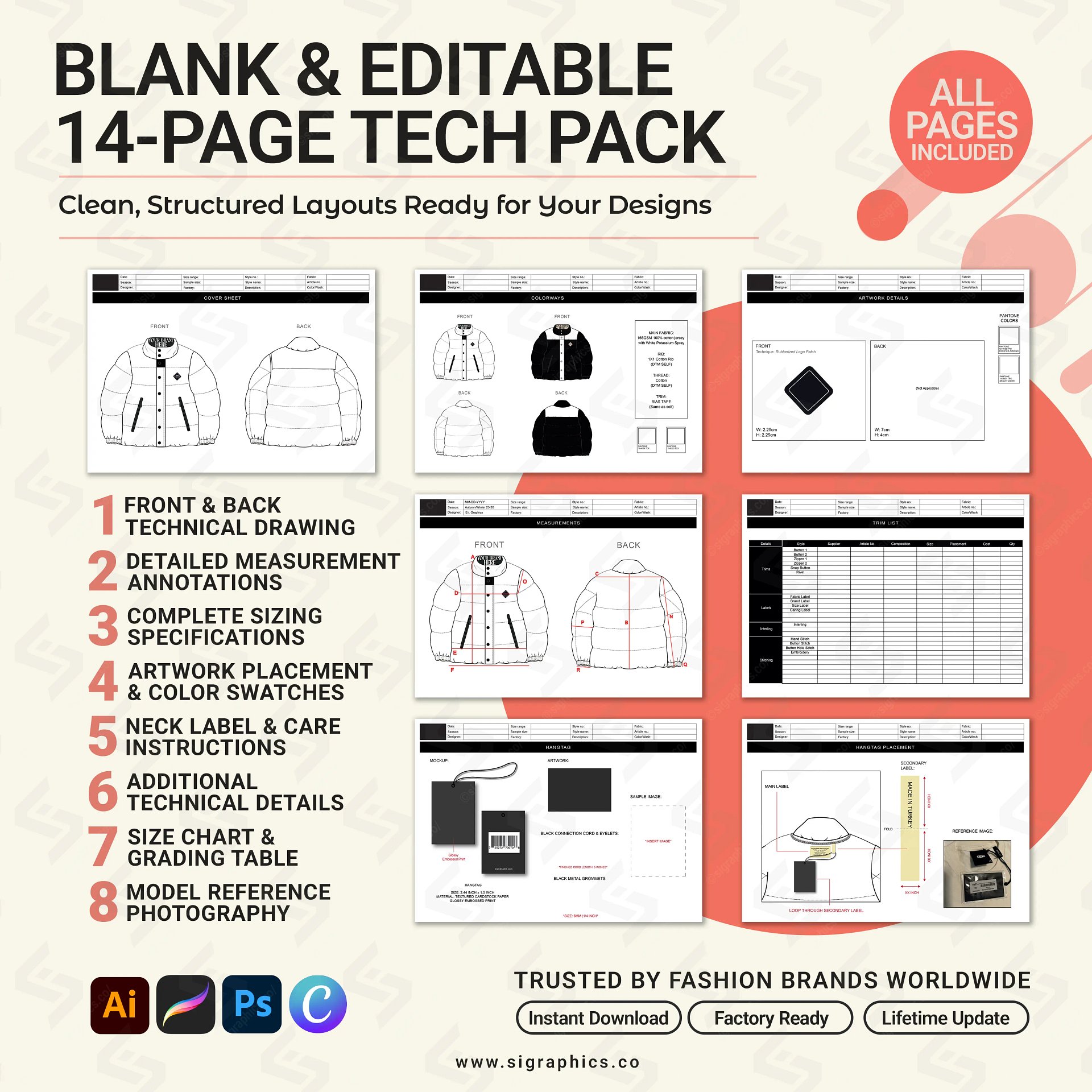 Puffer Down Jacket Tech Pack Template product image (4)