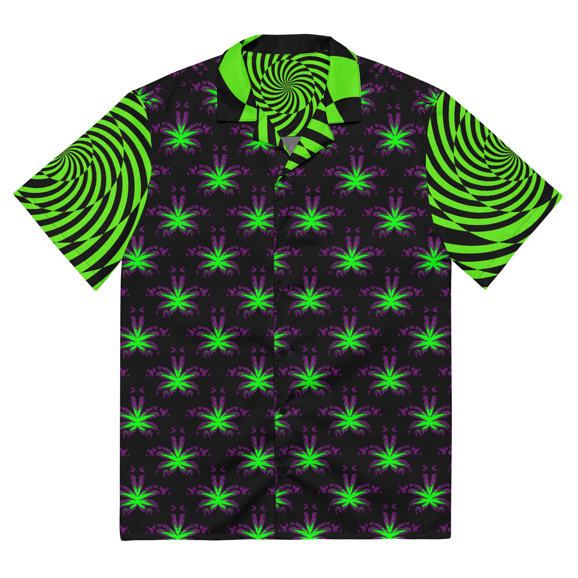 Retro Raver Stoner Button Shirt, Psychedelic Spiral Cannabis Clothes, Trippy Pot Leaf Art 420 Top, Black Neon Green Weird Weed EDM Rave Wear product image (6)