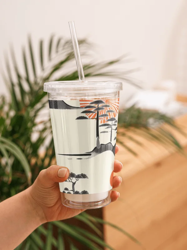 Japanese Sumi-e Landscape Acrylic Tumbler | Rising Sun Minimalist Art Cup product image (1)