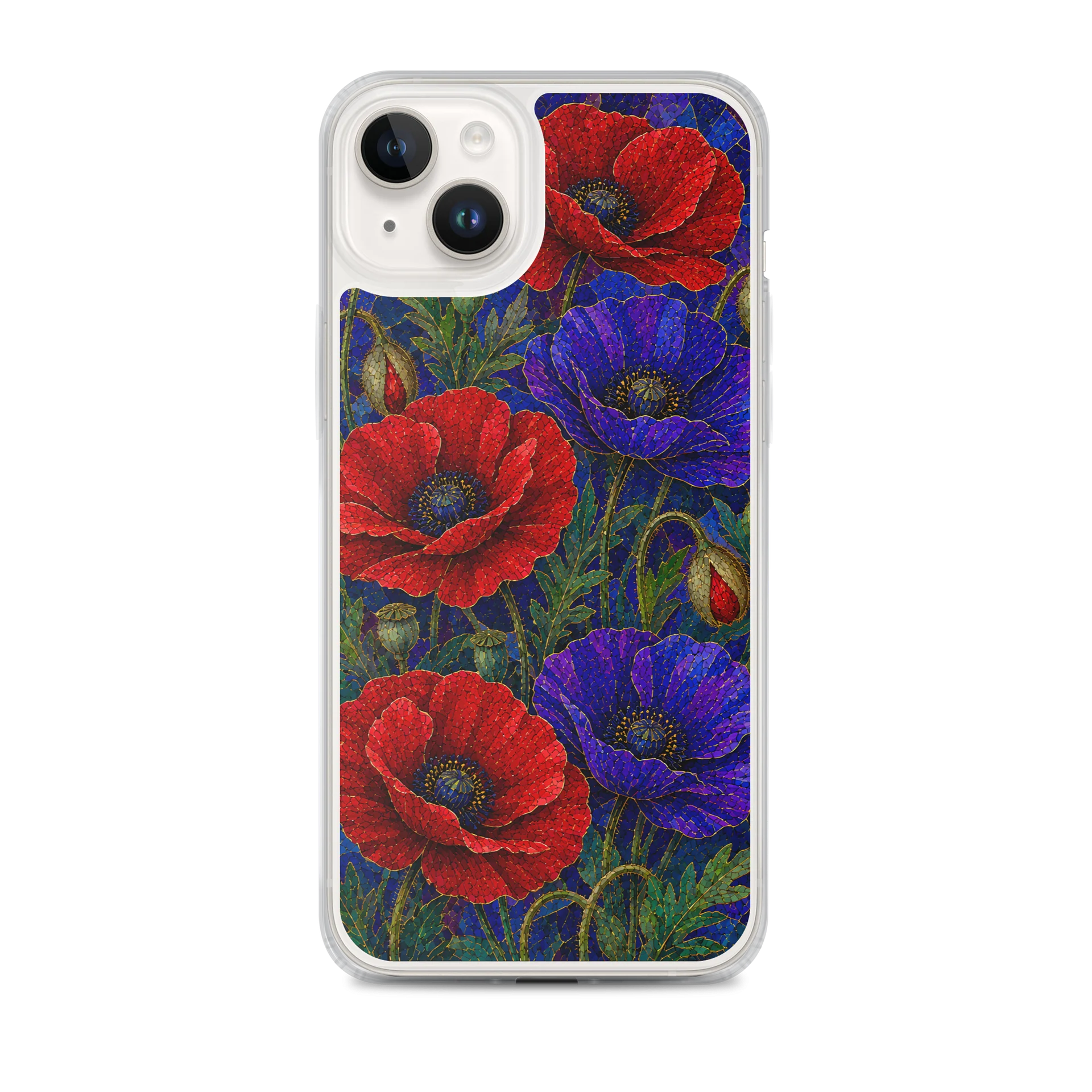 Crimson Red And Indigo Wild Poppies Mosaic Premium Soft Silicone iPhone Case - MagSafe Compatible product image (1)