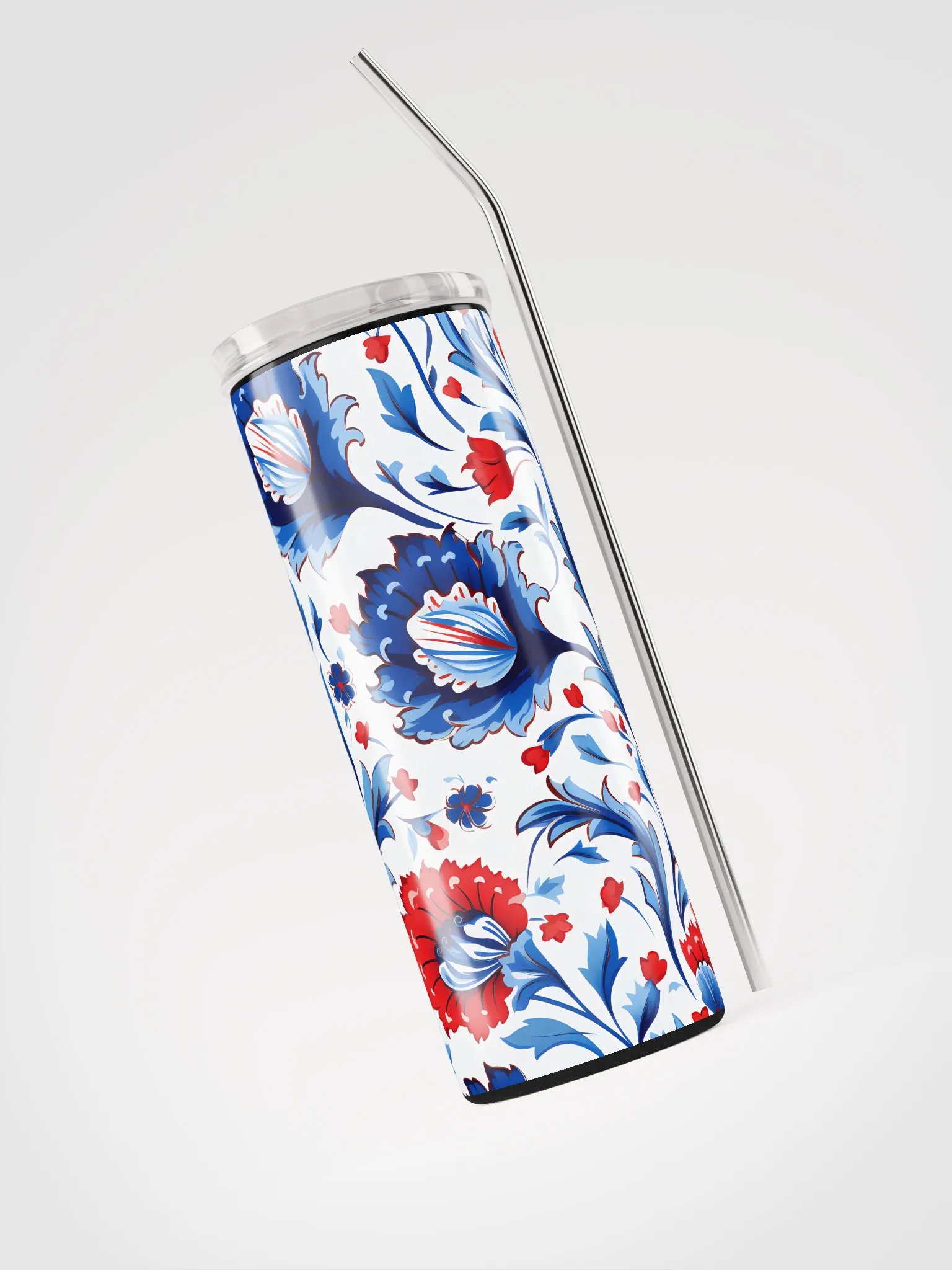 Colorful Pattern, Red, White, and Blue Flowers Skinny Tumbler with Straw, 20oz product image (5)
