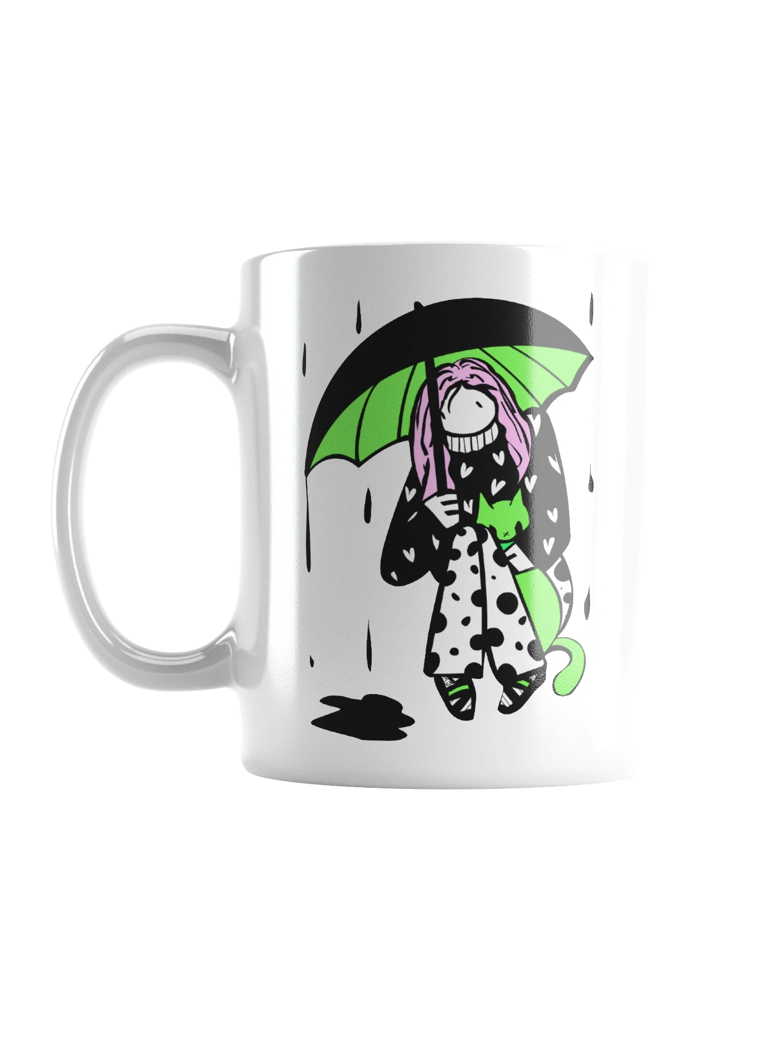 Mug: Girl with cat in rain series: green, pink, black and white product image (1)