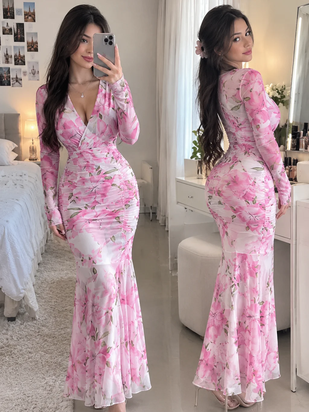 Elenzga New Arrival Autumn Back-To-School Season Elegant Floral Print Mesh Sexy V-Neck Ruched Waist Fishtail Hem Long Sleeve Bodycon Dress product image (1)