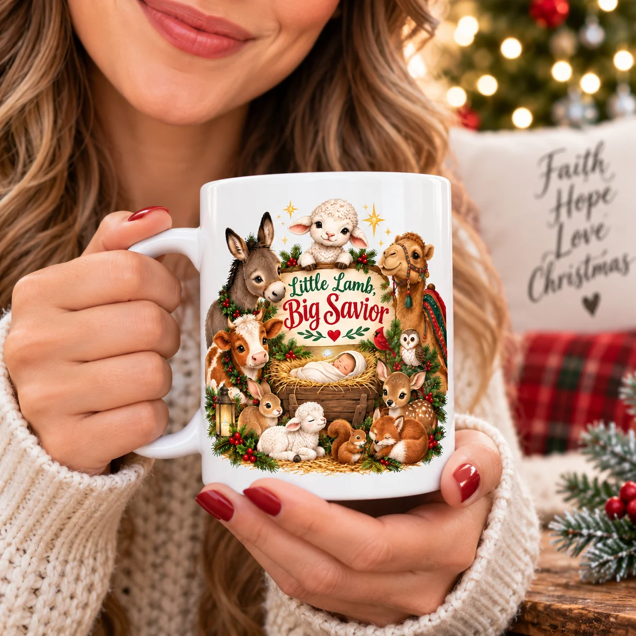 Little Lamb Big Savior Mug | Christian Christmas Nativity Mug | Cute Lamb & Animal Christmas Gift product image (2)
