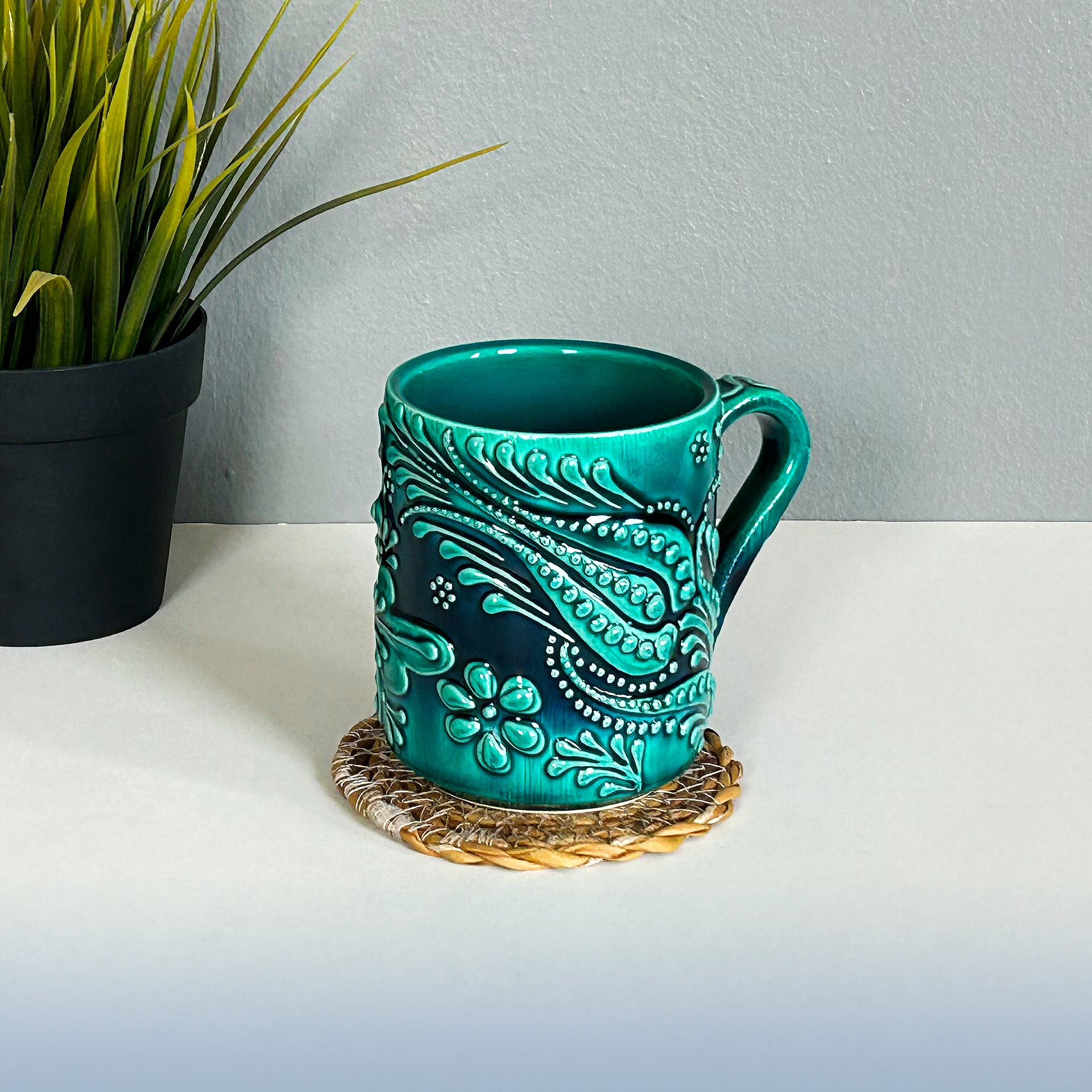 Ceramic handmade coffee mug, turquoise/green/emerald cup — handmade pottery, handmade ceramic, home decor, handmade gift, Turkish ceramic product image (3)