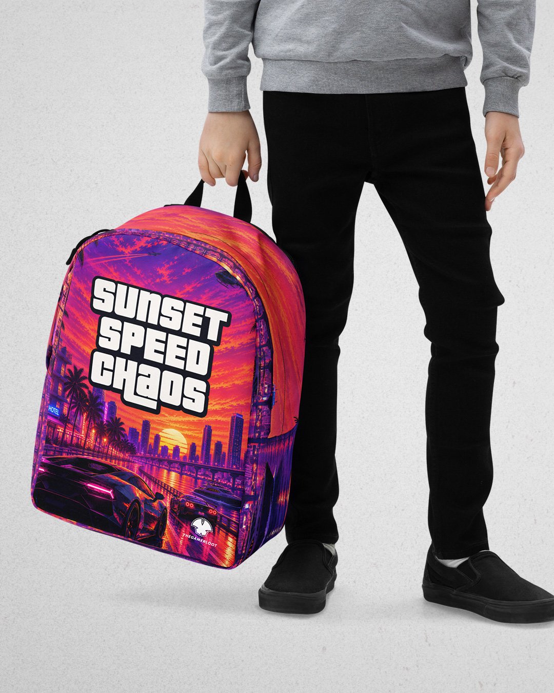Sunset Speed Chaos Neon City Minimalist Backpack – Retro Street Racing All-Over Print product image (2)