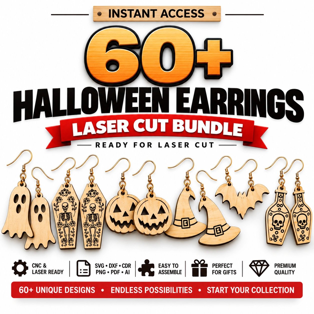 60 Halloween Earrings Laser Cut Bundle | Spooky Jewelry SVG, DXF, PNG & PDF Files product image (1)