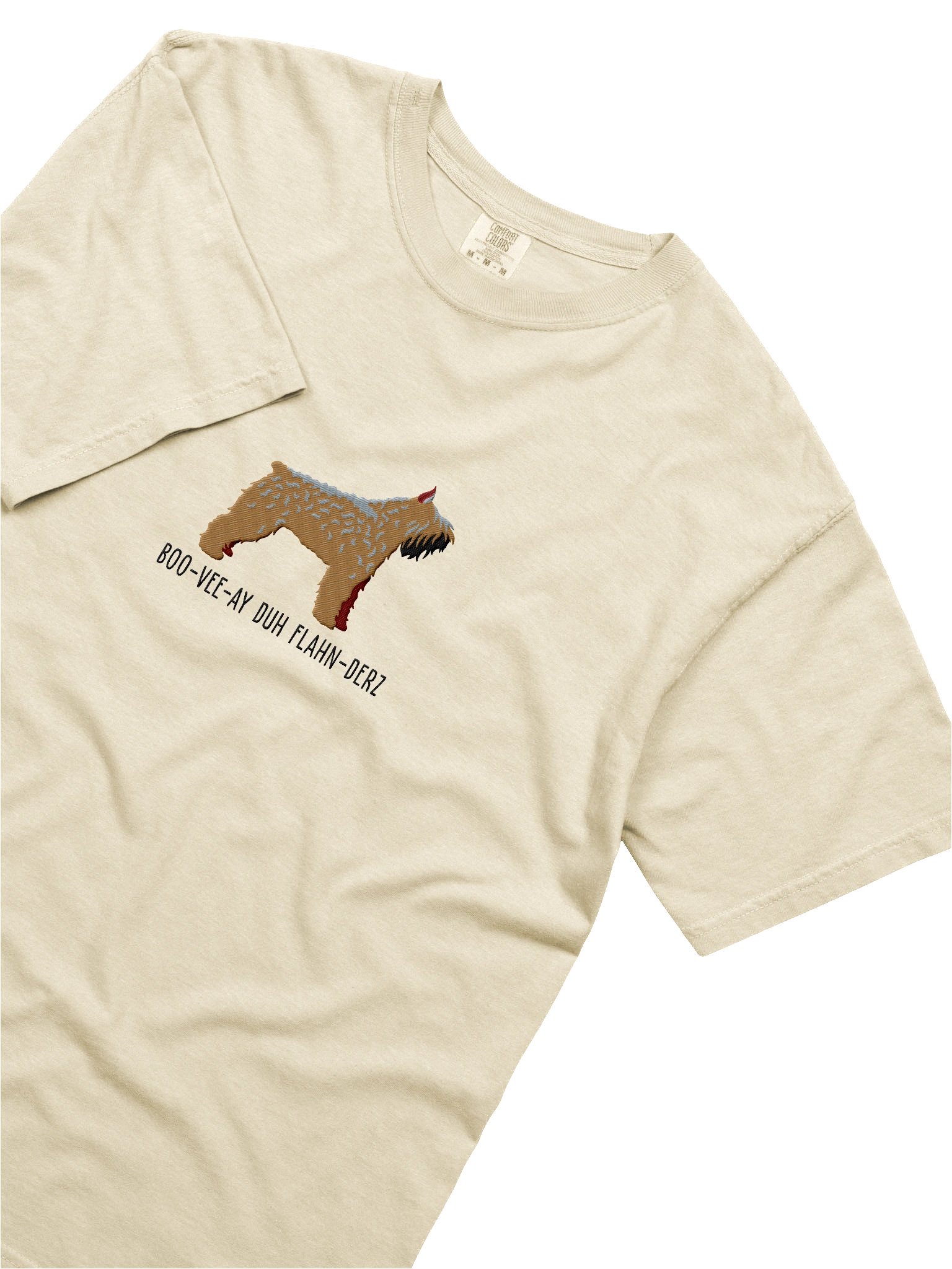 Boo-Vee-Ay Duh Flahn-Derz T-Shirt(Embroidered) of a Bouvier des Flandres(Brown, Cropped Ears) product image (8)