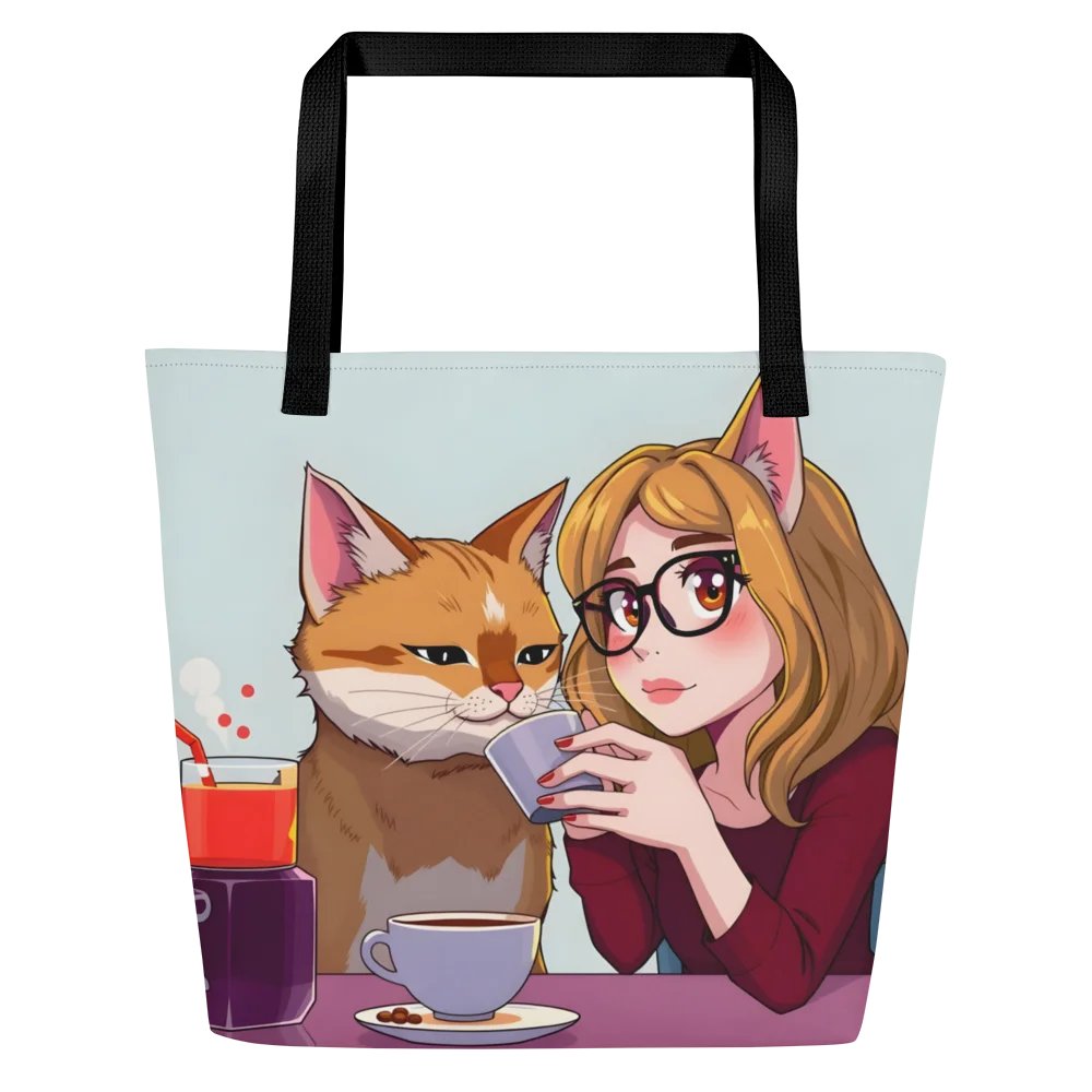 Large Tote Bag w/ Pocket-Purrfect Morning Brew (Catgirl Edition) product image (1)