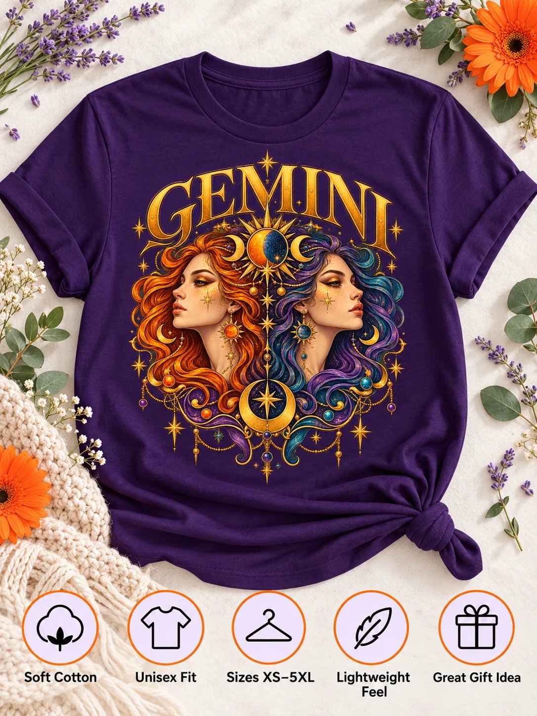 Gemini Zodiac T-Shirt With Colourful Celestial Twins product image (3)