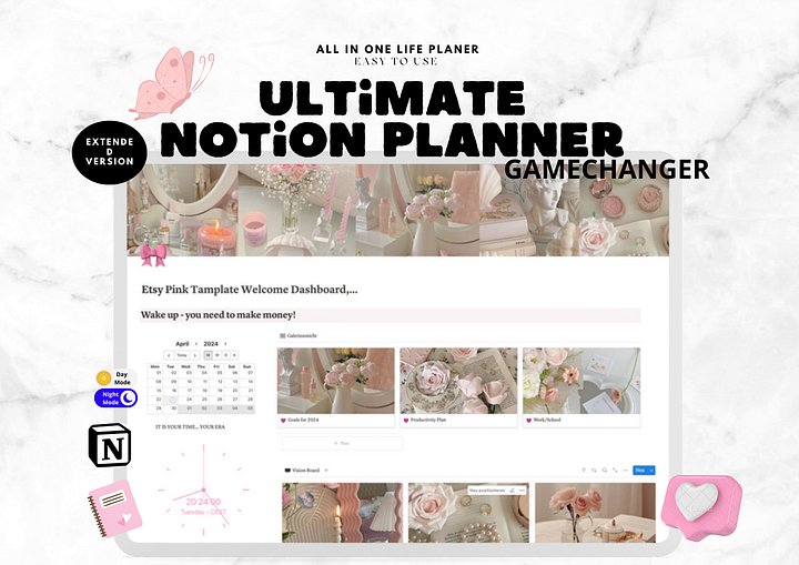 Notion planner, Notion content planning template, Notion weekly planner, Notion daily planner, Meal planner notion, online yearly planner product image (1)