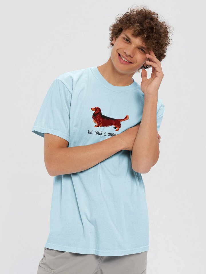 The Long & Short of It T-Shirt(Embroidered) of a Longhaired Dachshund(Red & Tan) product image (2)