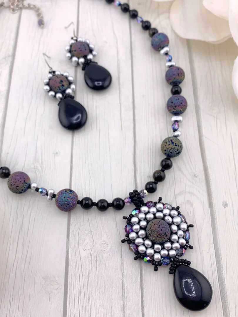 Majesty Beaded Necklace and Earrings Set - Black, Silver product image (3)