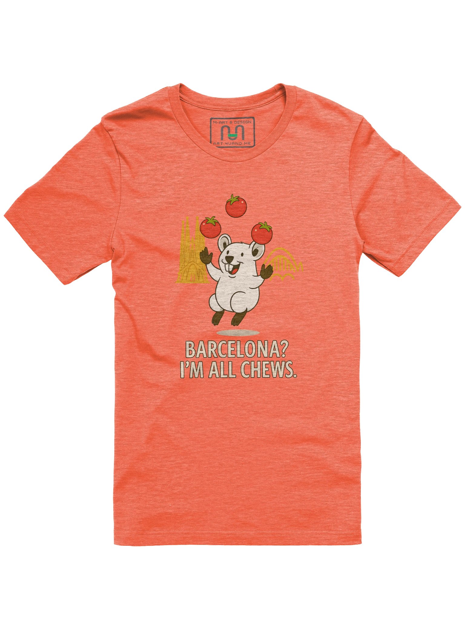 Funny Barcelona Tomato Pun Shirt – Cute Mouse Spain Tee with Sagrada Família – “I’m All Chews” | art.4uand.me product image (1)