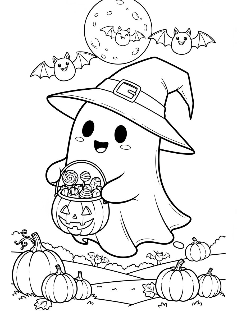 Cute Ghost Halloween Coloring Pages | 5 Printable Spooky Fun Sheets for Kids & Adults | Kawaii Witch Ghost, Pumpkins & Bats | Instant Download PDF product image (7)