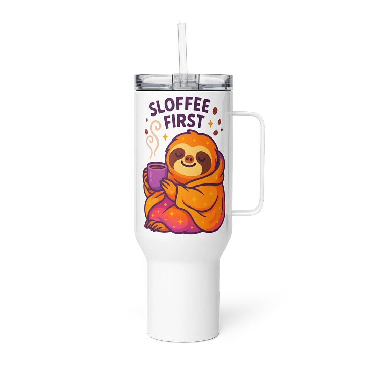 Sloffee First – Funny Sloth Travel Mug with Straw & Handle (40 oz) | Sloths Having Snacks Collection product image (1)
